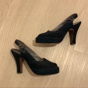 True Vintage 1940s 40s Rockabilly Swing Navy Suede Peep Toe Pumps Heels